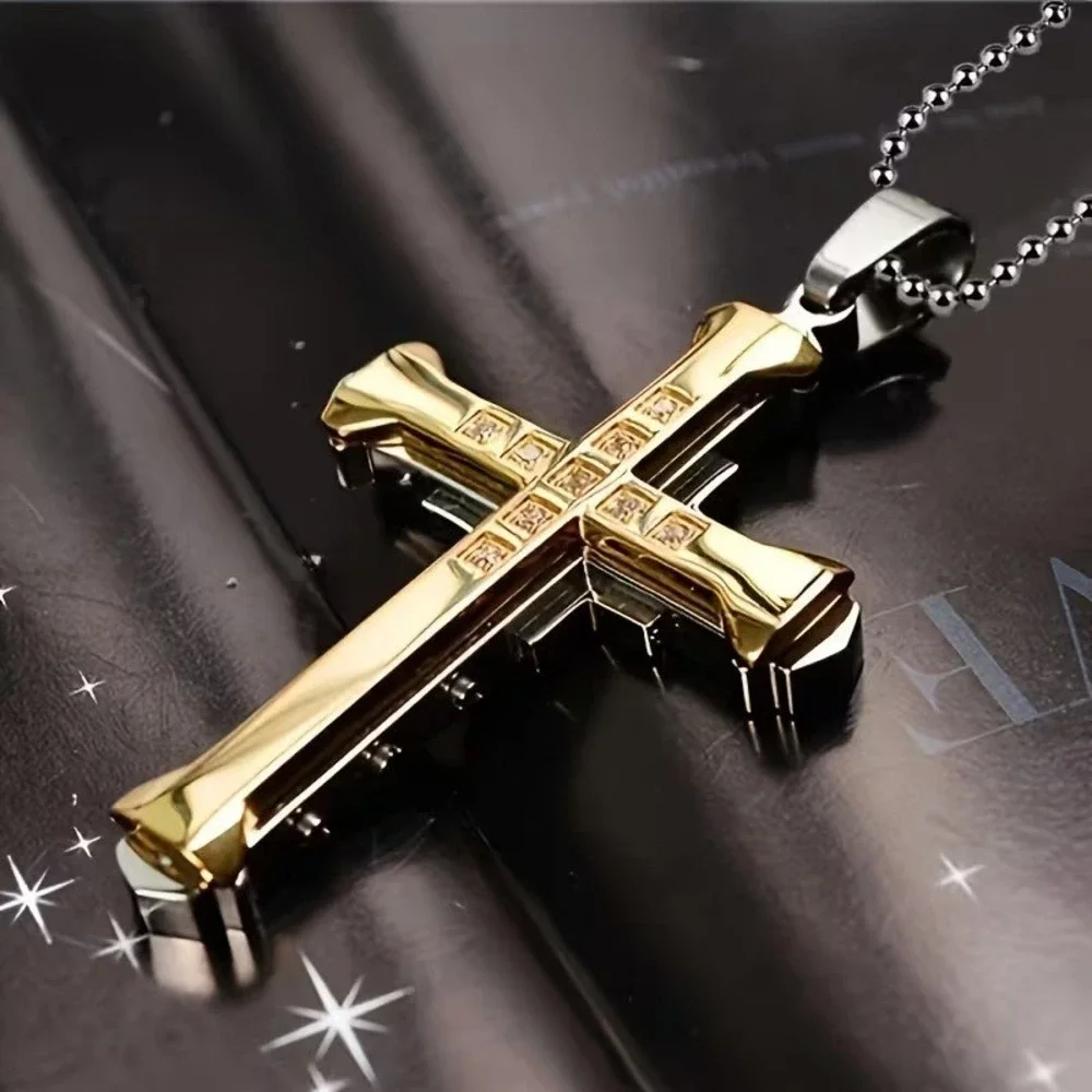 New Boutique Cross‎ Pendant Necklace Unisex Gold Silver Two Tone Crystal Inlay